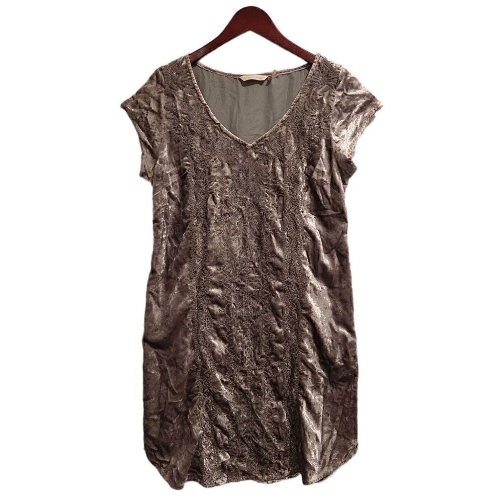 Soft Surroundings Velvet Dress Embroidered Silver Size Small Boho Short Sleeve